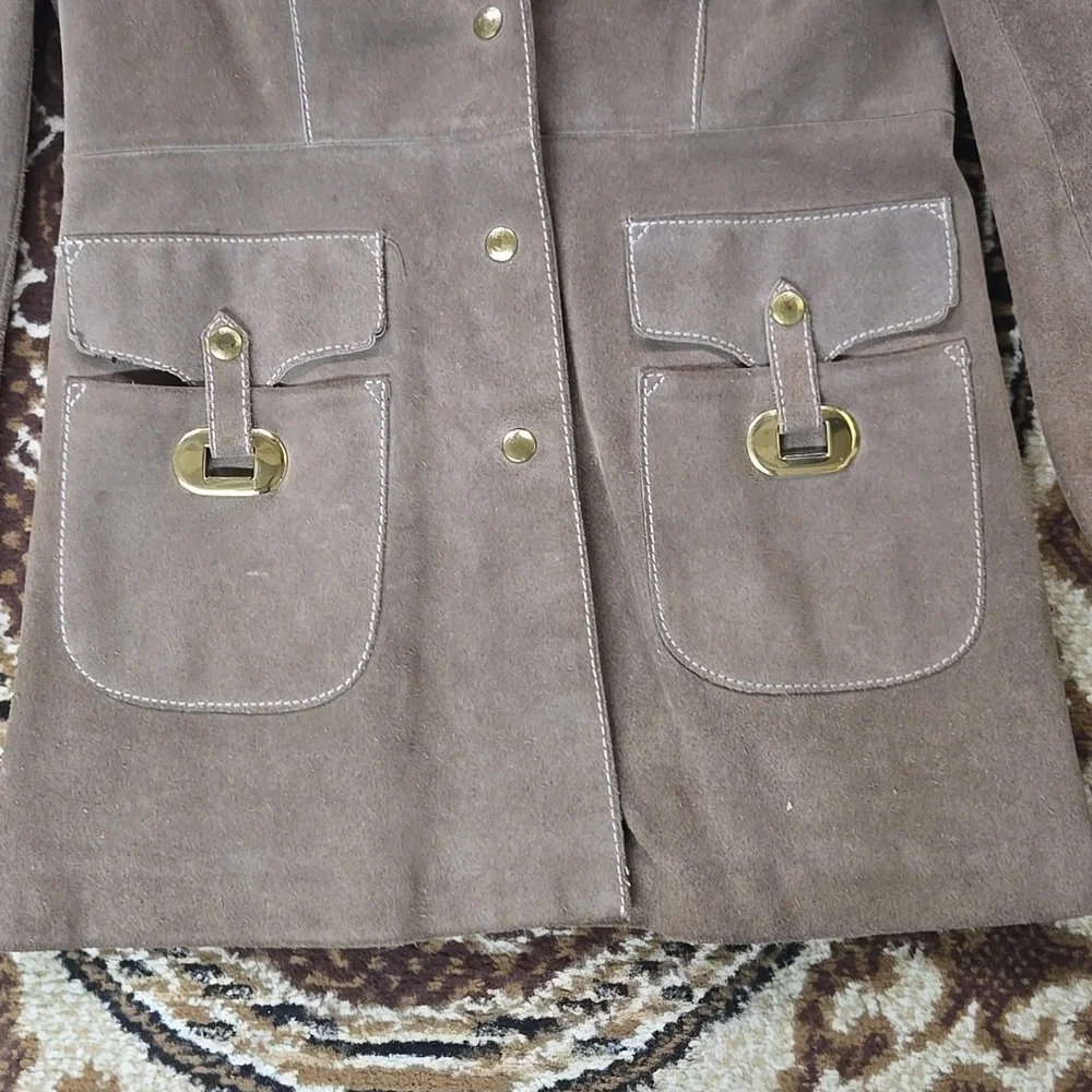 Irving Posluns 1970s Suede Coat Leather Jacket with Gold Hardware 70s Retro Fall - Picture 5 of 16